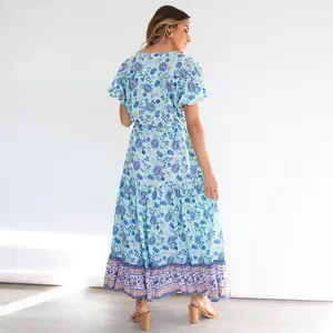 Popular Women's Printed Floral Casual Dess V-neck Sexy Long Dress Cute Women Casual Dress Ladies