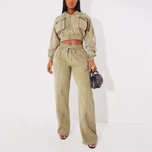 Nuevo Conjunto Deportivo para Mujer, Sudadera Corta con Logotipo Personalizado, Pantalones Deportivos Holgados de Cintura Alta, Felpa Francesa de Algodón - Product Image 1