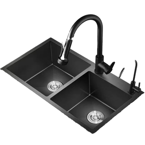 Évier de cuisine rectangulaire <span class=keywords><strong>noir</strong></span> nano en acier inoxydable, fait main, moderne, double cuve, avec robinet brossé à deux trous, pour usage commercial - Product Image 4