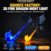 Lampe décorative de nuit en forme de dragon volant bleu lumineux imprimé en 3D avec effet de flamme