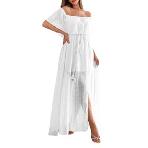 Robes maxi élégantes pour femmes, à épaules dénudées, avec cordon de serrage à la taille, manches courtes, tendance - Product Image 1