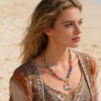 Collier Bohème Coloré Plaqué Or avec Perles pour Femme, Chaîne Ras du Cou Arc-en-ciel d'Été, Pendentif Crabe Style Océan, Accessoires