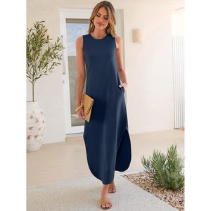 Robe longue d'été sans manches pour femme Anrabess, col rond, fendue, décontractée, pour la plage et les vacances, en tissu tissé respirant - Product Image 2