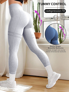 For Solid Yoga Leggings Full Length High Waist Seamless Spandex/Nylon Elastic Waist <b>Enhance</b> Figure Ruched <b>Butt</b> Design - Product Image 3