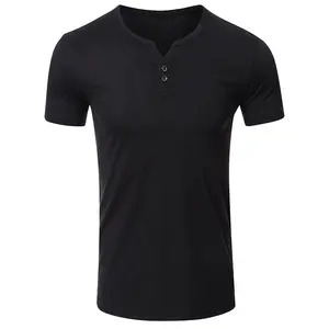 Cross-border solid color small V-neck short-sleeved T-shirt summer Europe and America loose casual black men's style