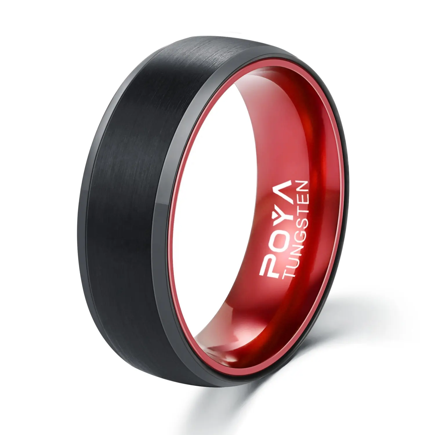 Men's Tungsten Carbide Black And Red Wedding Band Engagement Ring Anodized Aluminum Interior Comfort Fit 8mm