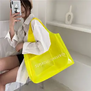 Custom logo female transparent waterproof neon candy color beach PVC gift shoulder shopping tote bag