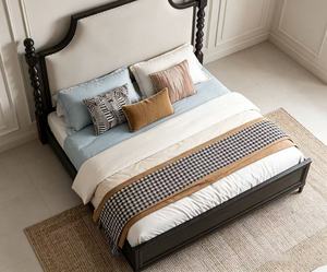 Premium Queen Size Black Wood Spindle <b>Bed</b> With Beige Upholstered Headboard For Bedroom - Product Image 4
