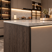 Meubles de cuisine modulaires modernes sur mesure, grand îlot, étagère à vin en verre LED, rangement multifonctionnel, construction en contreplaqué massif