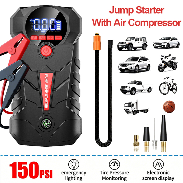 Hot Selling 4 in 1 Multifunctional Portable Car Jump Starter High Power Battery Pack With Air Compressor