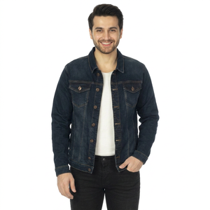 100% Cotton <b>Denim</b> <b>Jacket</b> for Men Casual High Street Style with Stand Collar Solid Color Pocket Front Logo Autumn Spring Fall Use - Product Image 1
