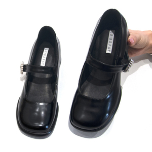 Mocassins pour femmes en cuir véritable noir à boucle, semelle épaisse, ouverture latérale, perles, chaussures d'été - Product Image 4