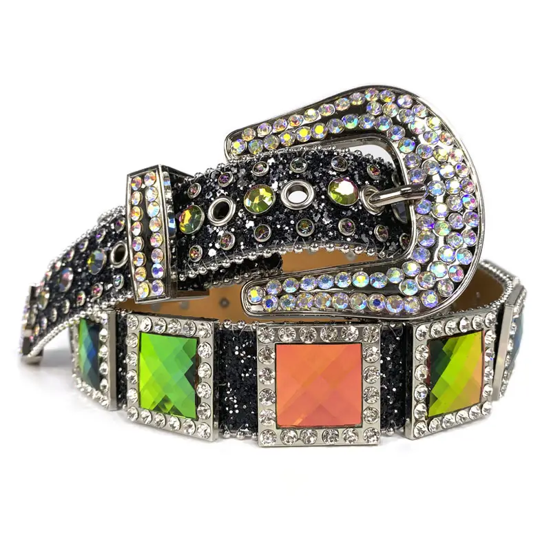 New trendy black green large metal buckle western retro branded personalized logo vegan leather rhinestone belt for women