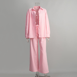 Printemps et été nouveau <span class=keywords><strong>lin</strong></span> sur chemise <span class=keywords><strong>pantalon</strong></span> ample chemise à manches longues costume décontracté femmes - Product Image 3