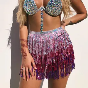 Danse du ventre Performance porter Sexy femmes paillettes balançoire paillettes gland frange hanche écharpe ceinture taille jupe en mousseline de soie Wrap pour Festival - Product Image 3