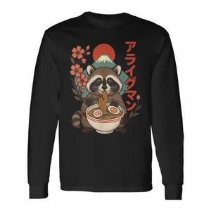 T-shirt à manches longues avec dessin animé de raton laveur mangeant du ramen - Product Image 1