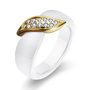 Ceramic Diamond <b>Ring</b> 18K Gold 21mm Leaf Pattern Black White <b>Couple</b> <b>Ring</b> Women's Everyday Wear - Product Image 5