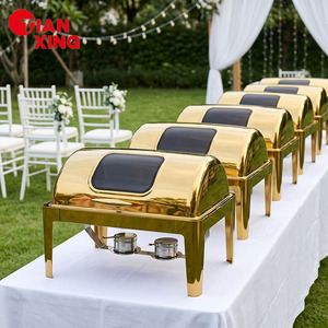 TIANXING Plat de service rond de luxe en acier inoxydable doré, chauffe-plat de traiteur avec couvercle roulant visible, ensemble de buffet - Product Image 1