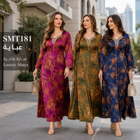 Nouvelle Robe Longue Ample 2026 Personnalisée en Satin Brillant à Imprimé Floral Rétro, Col en Dentelle, Manches Évasées et Taille à Nouer |   Abaya pour soirée islamique