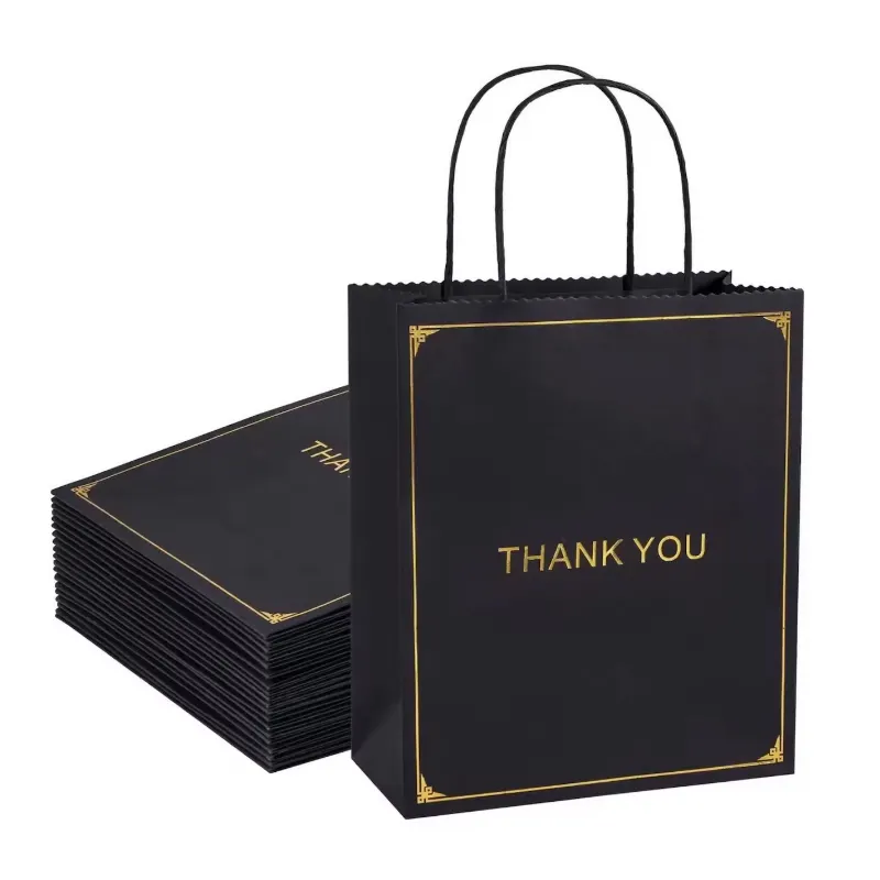 Saco de papel para joalheria com alça, saco de papel preto para compras com logotipo de marca impresso personalizado por atacado, promoção de roupas de luxo, com alça