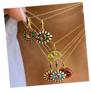 Kalung Perhiasan halus untuk wanita baja tahan karat Enamel warna-warni mata jahat berlian mode liontin mata Turki pesona