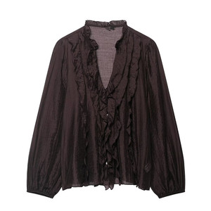 ZEVITY Camicia da donna <span class=keywords><strong>elegante</strong></span> con scollo a V e volant a cascata, design a tinta unita, in chiffon, a maniche lunghe, slim fit, chic - Product Image 6