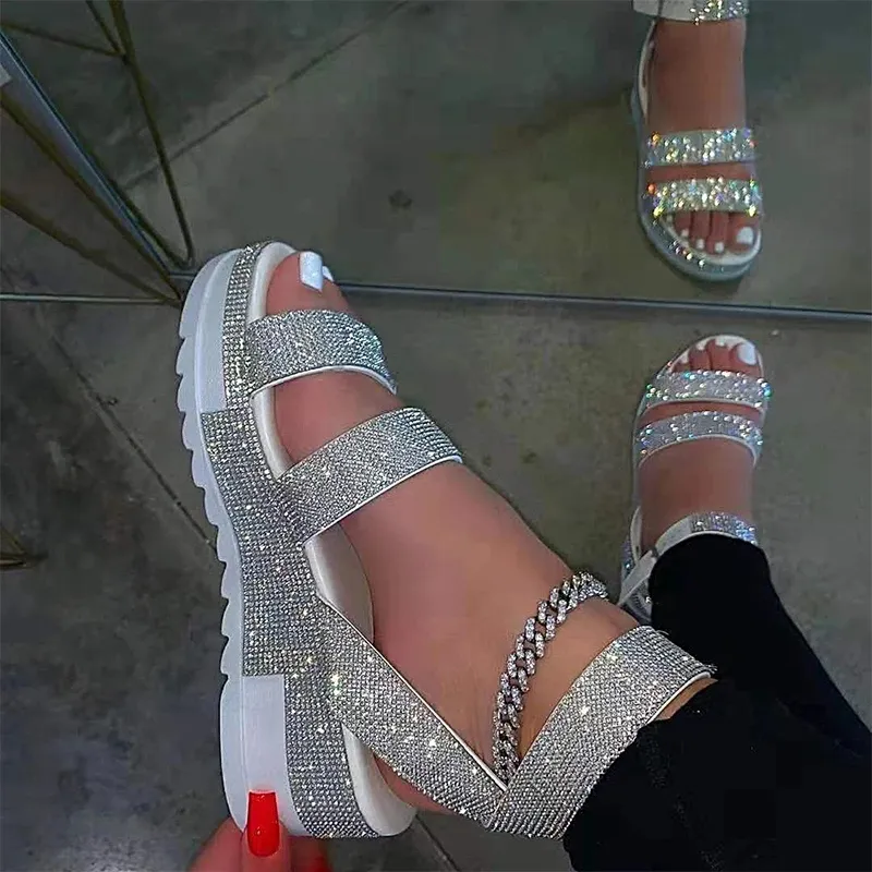 2022 Women's Bling Glitter Sandals Female Ankle Buckle Flat Platform Ladies Non Slip Outdoor Shoes Woman Beach Footwear Big Size
