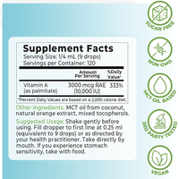 Complément alimentaire certifié GMP, marque privée, végétalien, vitamine A pure haute puissance 10 000 UI, gouttes liquides orales, soutien de la vue, de la peau et du système immunitaire