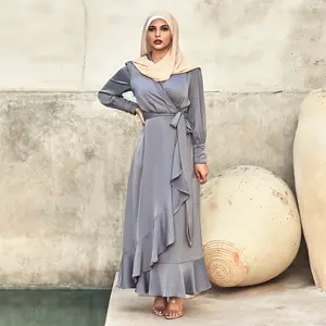 Baju Muslim Satin Elegan Wanita, Baju Muslim Berkerut Panjang Warna Polos