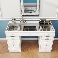 Table de toilette moderne française à miroir brillant, table de toilette de princesse en verre avec rangement caché dans le coin, table de maquillage avec 13 tiroirs