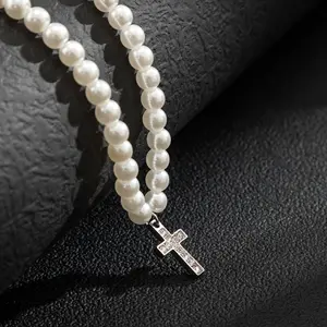 Men's Jewelry Hip-hop Diamond Pearl Men's Trendy Fashion Personality Pendant Cross Necklace