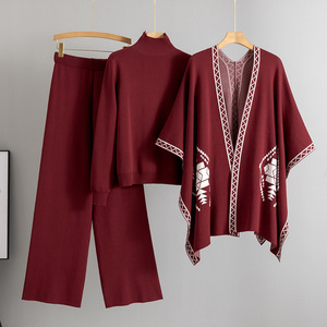 Ensemble tricoté automne-hiver, <span class=keywords><strong>cape</strong></span> jacquard, haut à col rond, pantalon large décontracté, ensemble trois pièces, tenue pull pour femme - Product Image 2