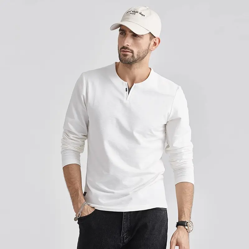 Custom Casual High Quality Men's T-shirts V Neck Long Sleeve 100% Cotton Blank Plain T Shirt Men