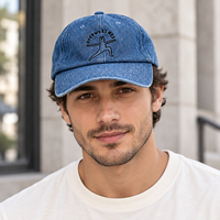 Topi Baseball Denim Biru Acid Wash Distressed Dad Hat Adjustable Snapback Cap Logo Custom Unisex Casual Streetwear