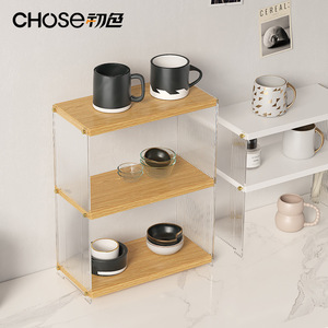 Chose Acrylic Cup Shelf 3 Tier Wood Top Freestanding Storage Rack For Kitchen Bar Countertop - Product Image 1