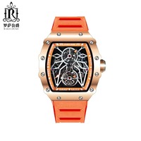 Montre mécanique pour homme, squelette, tourbillon, boîtier tonneau, cadran bleu, automatique