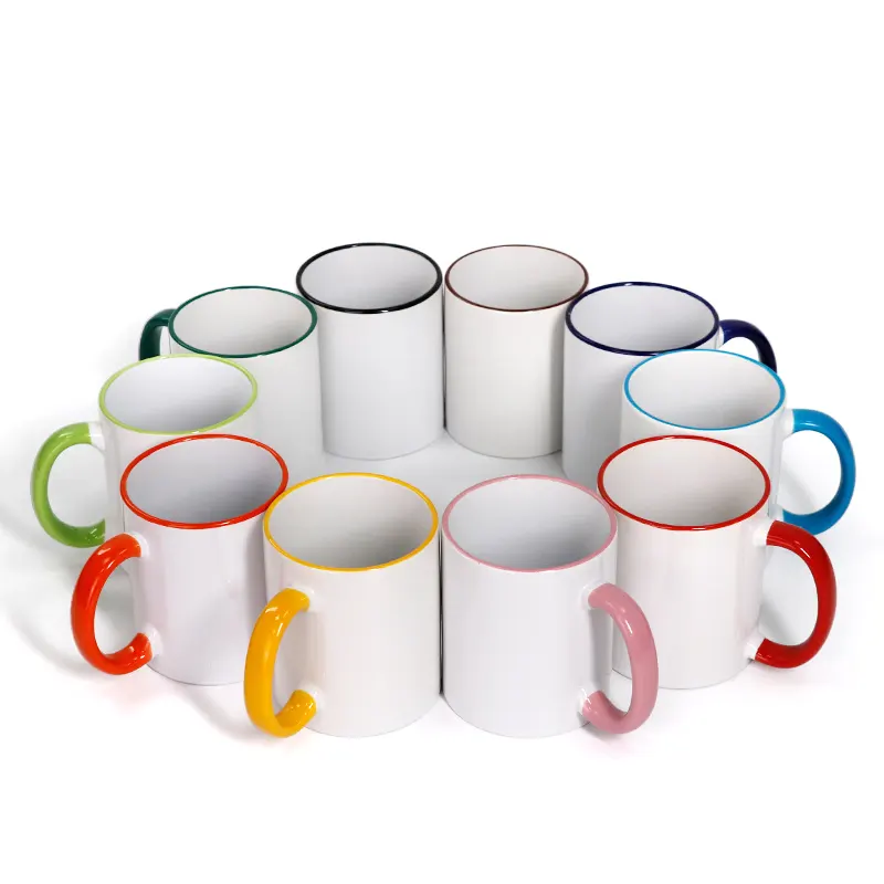 Wholesale sublimation blank mugs coffee 11 oz with color handle for business presents custom logo pattern drinking cups