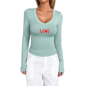 Custom <strong>Basic</strong> T-Shirt Women Cotton Scoop Neck Summer Fitted Wholesale <strong>Ladies</strong> Blank Slim <strong>Fit</strong> Printed OEM Long Sleeve T Shirt Women - Product Image 1
