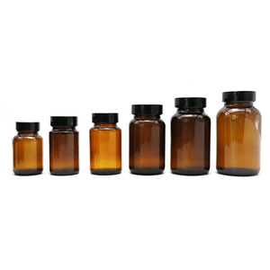Bouteilles <span class=keywords><strong>en</strong></span> verre <span class=keywords><strong>de</strong></span> différentes tailles, <span class=keywords><strong>de</strong></span> forme ronde, pour emballages médicaux, médicaments, vitamines, comprimés, poudres, suppléments, capsules, médicaments, avec bouchons - Product Image 1