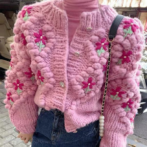 AYMT & Girl hiver main <span class=keywords><strong>Crochet</strong></span> tricots avec motif femme O cou à manches longues tricot <span class=keywords><strong>Cardigan</strong></span> pull brodé pull - Product Image 3