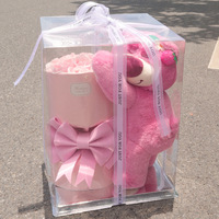 TC Wholesale Rose artificielle en soie parfumée, Cadeaux de la Saint-Valentin, Bouquets de roses en peluche roses avec ours en peluche dans une boîte argentée