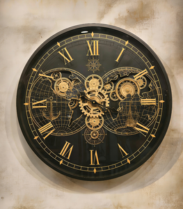 <span class=keywords><strong>Orologio</strong></span> <span class=keywords><strong>da</strong></span> <span class=keywords><strong>Parete</strong></span> Decorativo Nautico Steampunk con Ingranaggi in Metallo Dorato e Nero, Mappamondo, al Quarzo, per Soggiorno - Product Image 2