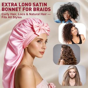 Custom Logo Soft Silk Satin Bonnet for Natural Hair Curly Hair <b>Extra</b> <b>Large</b> Long Hair Cap with Tie Band Night Sleep Cap - Product Image 4