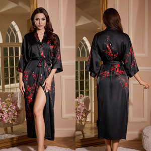 Lumee jubah Satin wanita baru dengan motif bunga prem merah Satin hitam, jubah pengantin, piyama Satin. - Product Image 3