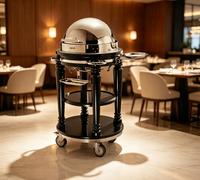 Chariot de service de luxe en acier noir poli avec miroir, chauffe-plats rond pour buffet d'hôtel, avec support en bois à roulettes, pour usage domestique