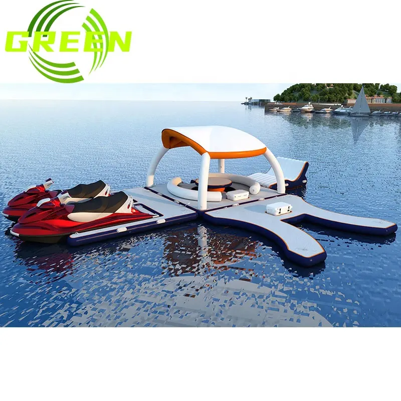 Groen Opblaasbaar Water Zwembad Float Jet Ski Drijvende Dock Platform Bar Strand Vlotter Platforms Met Tent