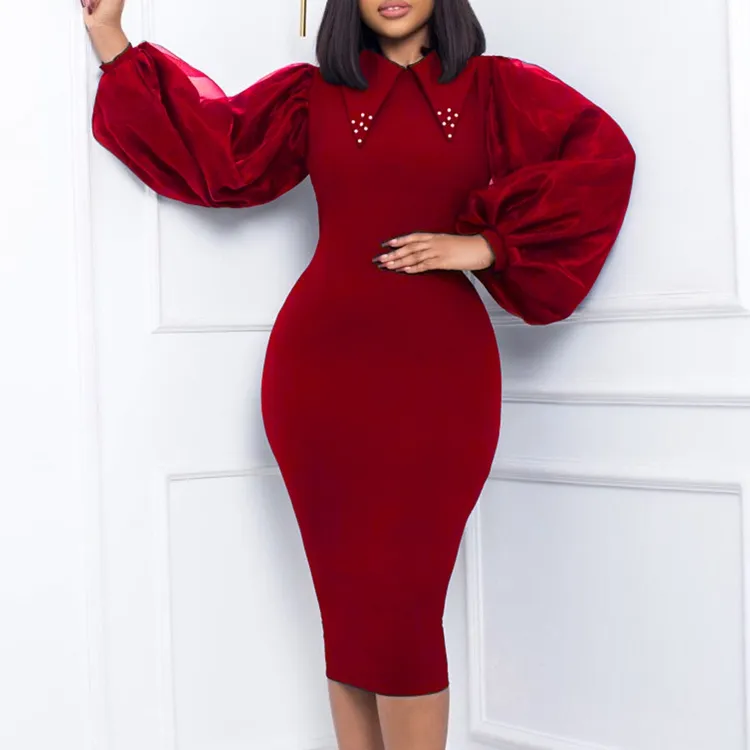 2022 Latest Elegant Office Lady Lantern Sleeves Beading Collar Red Christmas Party dress Plus Size Formal Dress for women
