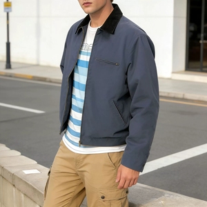 Мужская винтажная демисезонная куртка-бомбер на молнии из экологичного ветрозащитного флиса с контрастным отложным воротником, молодежная, комфортная, универсальная - Product Image 6