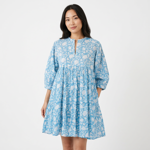 Robe en mousseline de soie à imprimé floral pour femmes, col rond, manches ballon trois quarts, coupe ample, style bohème, vêtements de printemps et d'été - Product Image 1