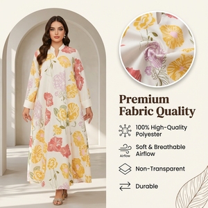 Elegant Floral Print Muslim Maxi Dress for Women Long Sleeve Modest A Line Polyester <b>Kaftan</b> Casual Occasion Wear - Product Image 2